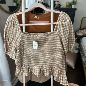 J. Crew Brown Gingham Smocked Blouse